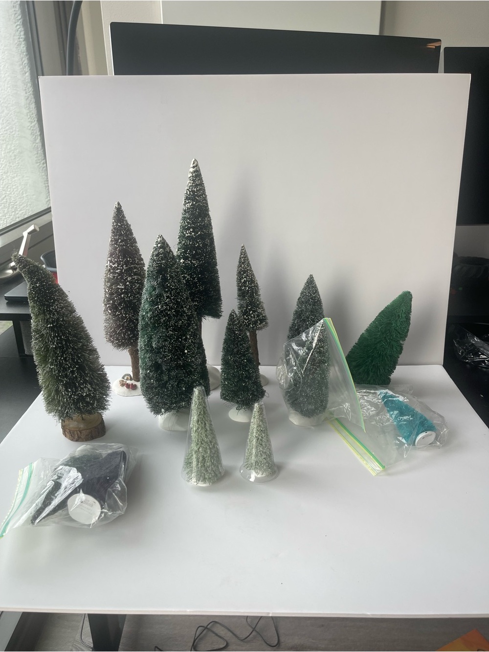 Lot Of 13 Department 56 Bottle Brush Trees With Snow & Red Berries Set Of 13